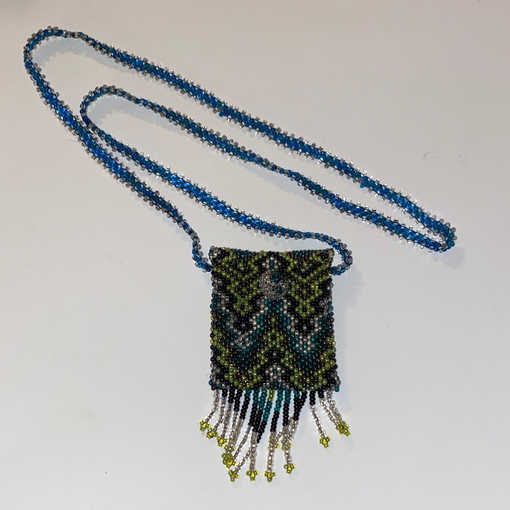 Vintage Mini Beaded Boho Purse-Necklace Blue-Green Seed Bag